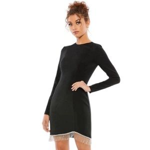 Mac Duggal 26679 Size 0 Long Sleeve‎ Black Fitted Mini Dress Jeweled Fringed Hem